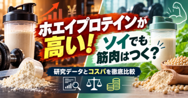 [ホエイプロテインが高い！ソイでも筋肉はつく？研究データとコスパを徹底比較]のサムネイル